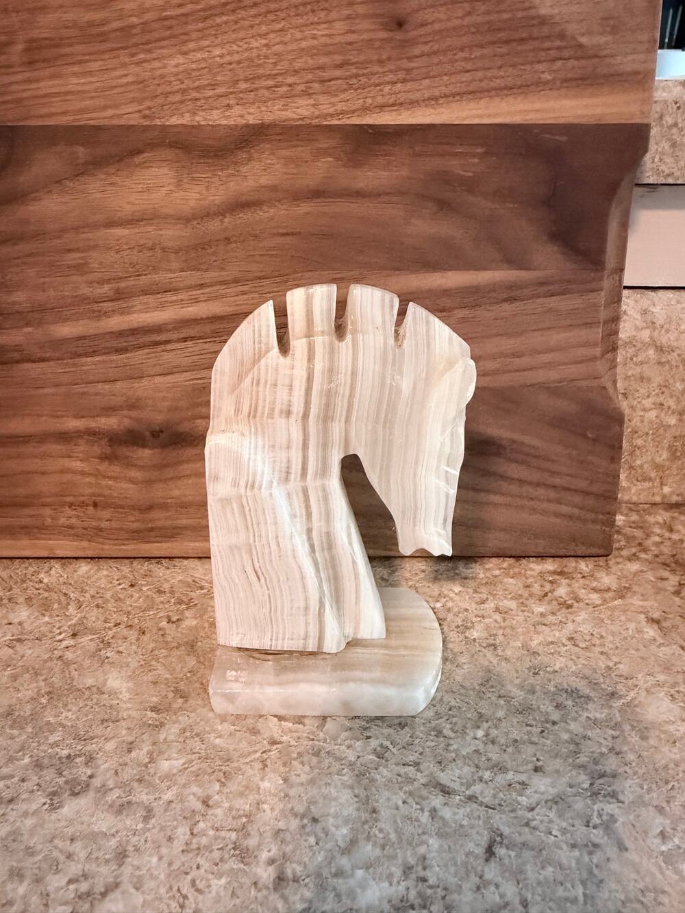 Vintage MCM Hand Carved White Onyx Horse Head Equestrian Bookend